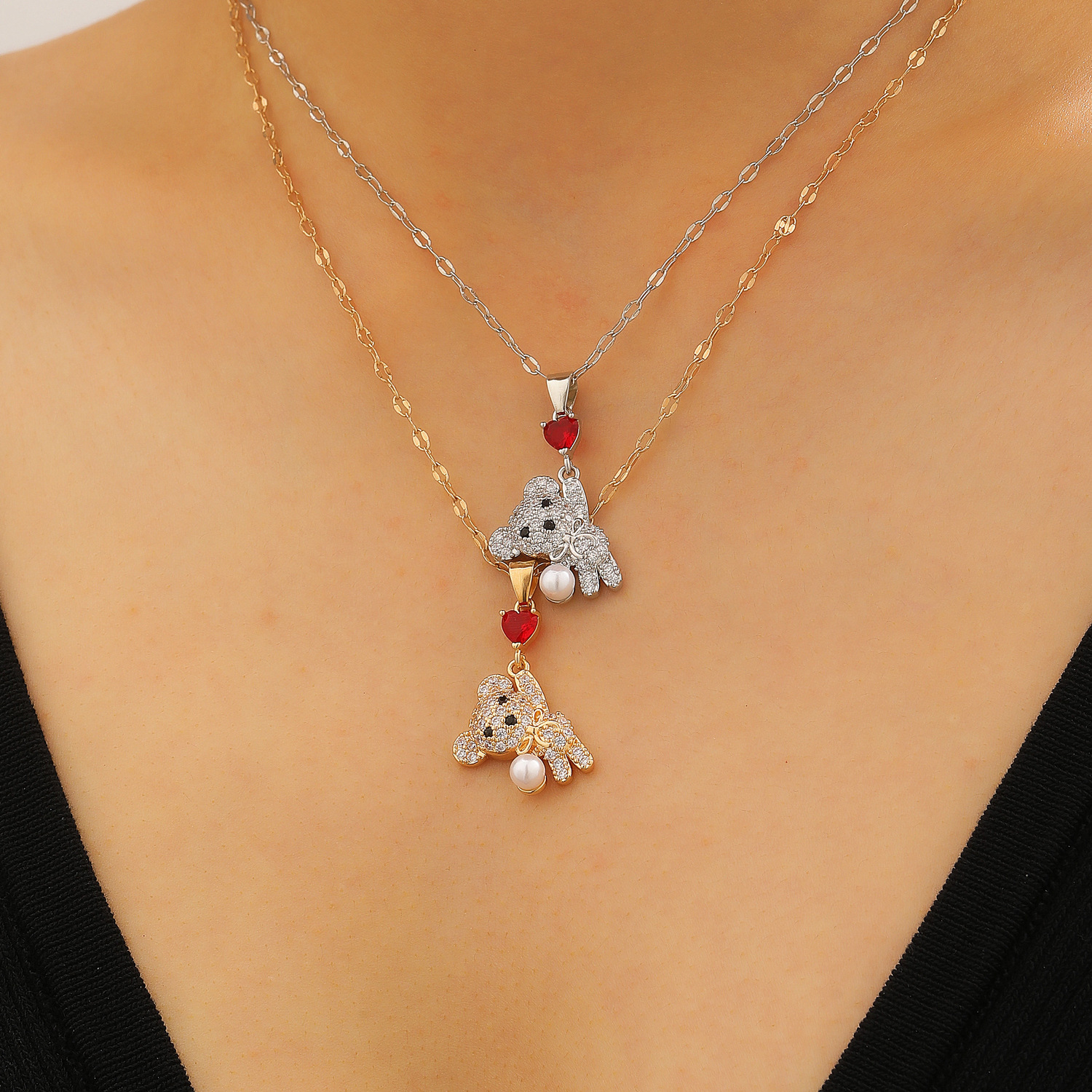 Women's Cute Heart Rhinestone Bear Pendant Necklace